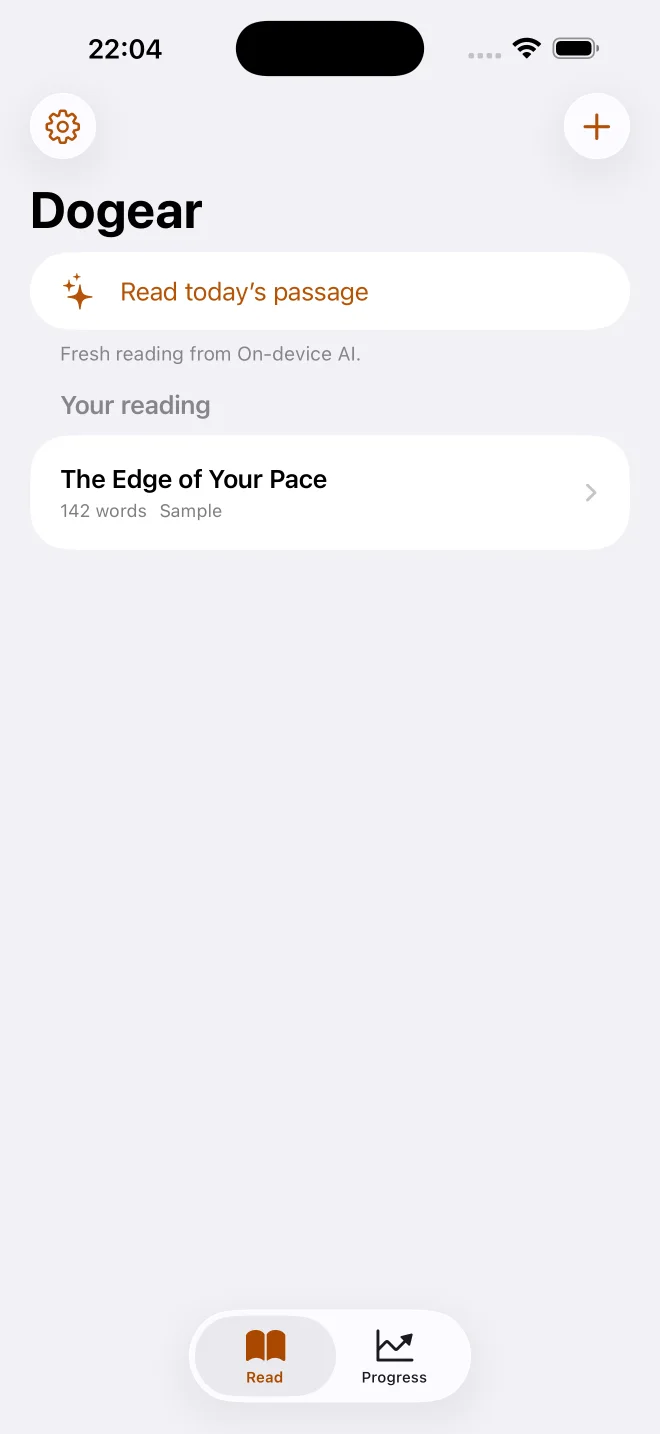 Dogear’s home screen with “Read today’s passage” powered by on-device AI and a reading library